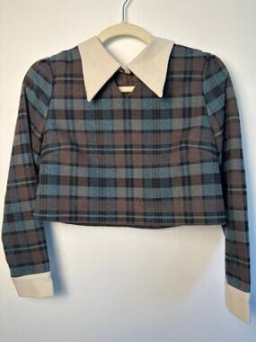 Academia Plaid Crop Top • Contrast Pointed Collar Vintage Style